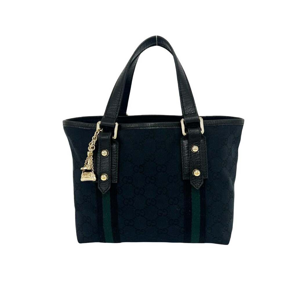 GUCCI GG Logo Pattern Canvas Leather Genuine Handbag Mini Tote Bag Boston Nav...